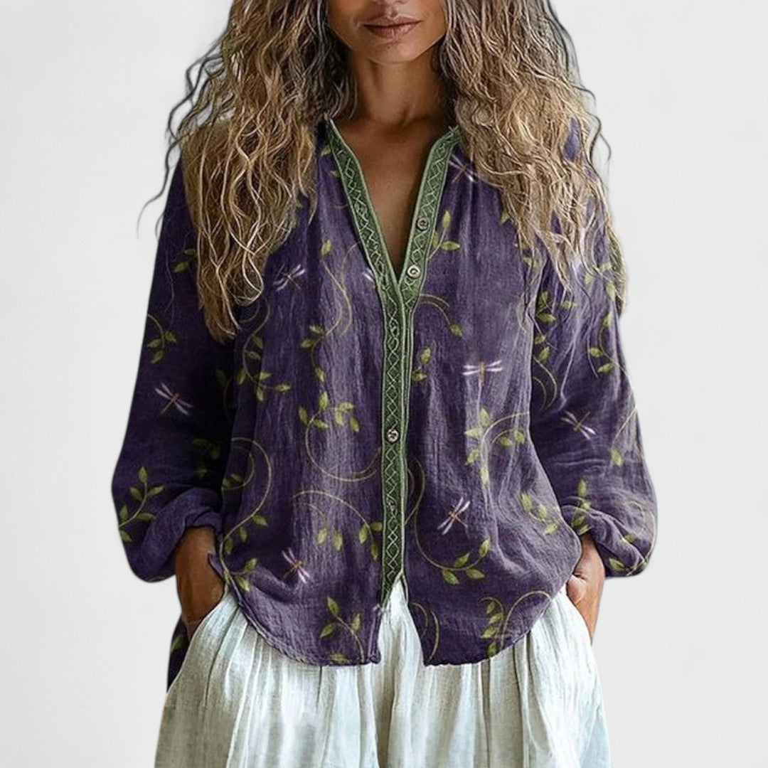 Ambra | Vintage Blouse met Bladerenprint